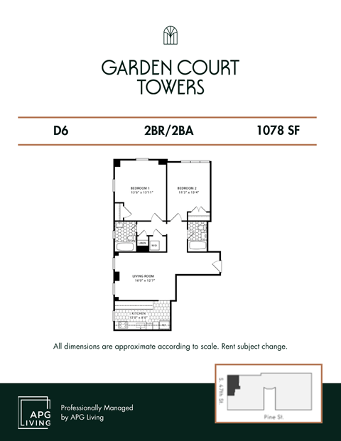 Floor plan for 2 beds, 2 baths, 1078 sqft