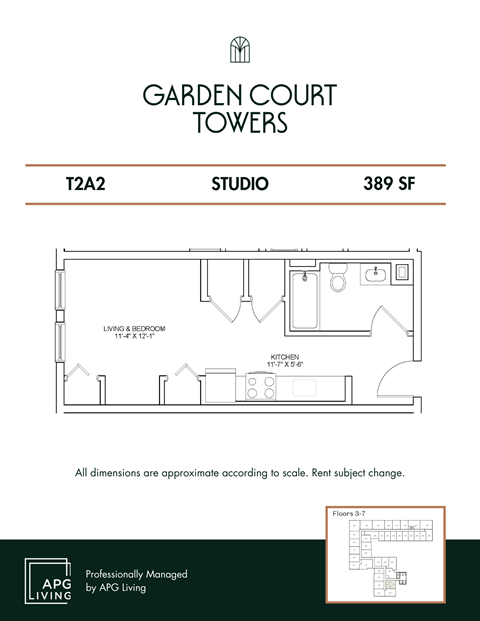 Floor plan for studio, 1 bath, 389 sqft