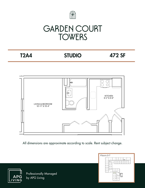 Floor plan for studio, 1 bath, 472 sqft