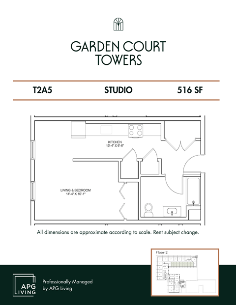 Floor plan for studio, 1 bath, 516 sqft