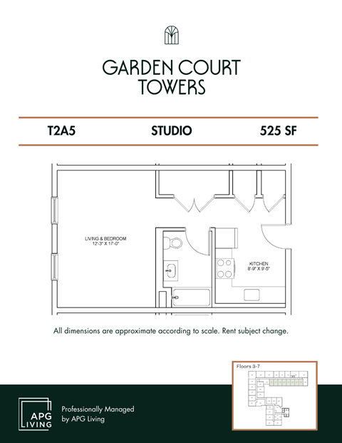 Floor plan for studio, 1 bath, 525 sqft