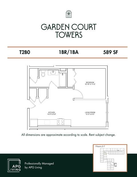 Floor plan for 1 bed, 1 bath, 589 sqft