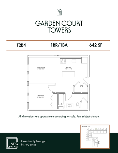 Floor plan for 1 bed, 1 bath, 642 sqft