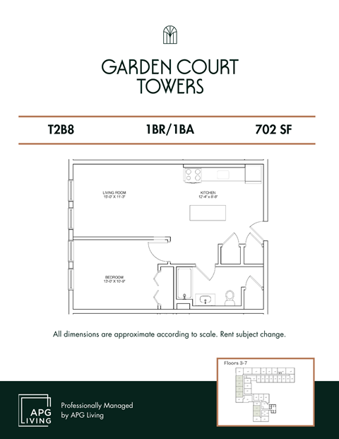 Floor plan for 1 bed, 1 bath, 702 sqft