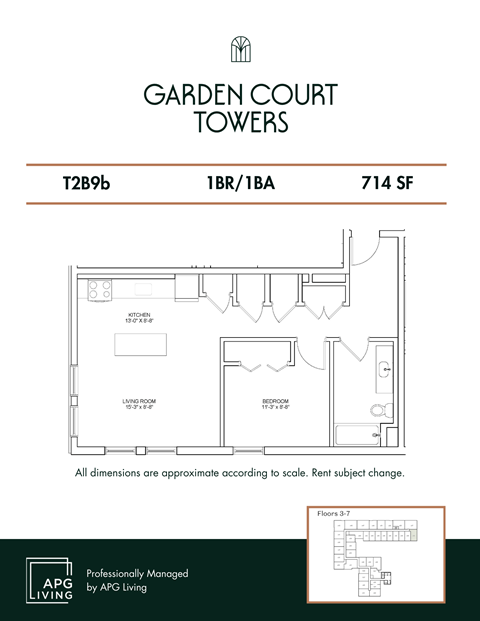 Floor plan for 1 bed, 1 bath, 714 sqft
