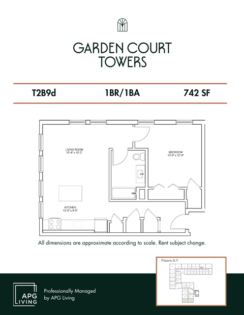 Floor plan for 1 bed, 1 bath, 742 sqft