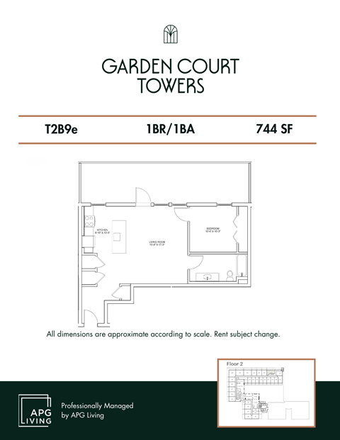 Floor plan for 1 bed, 1 bath, 744 sqft