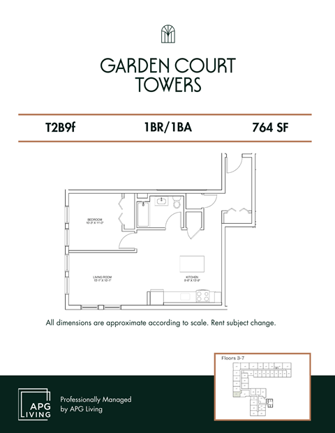 Floor plan for 1 bed, 1 bath, 764 sqft