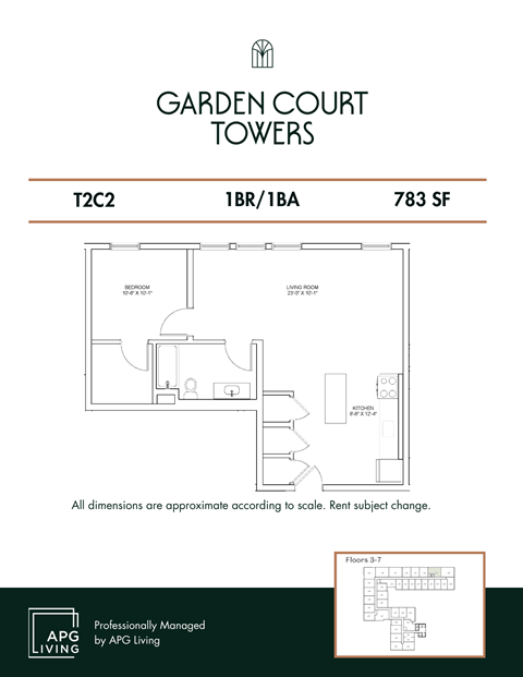 Floor plan for 1 bed, 1 bath, 783 sqft