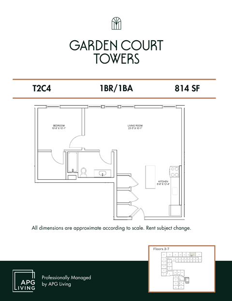 Floor plan for 1 bed, 1 bath, 814 sqft