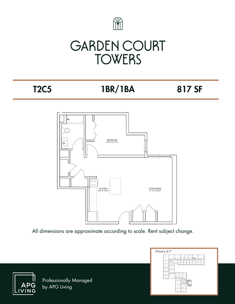 Floor plan for 1 bed, 1 bath, 817 sqft
