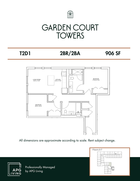 Floor plan for 2 beds, 2 baths, 906 sqft