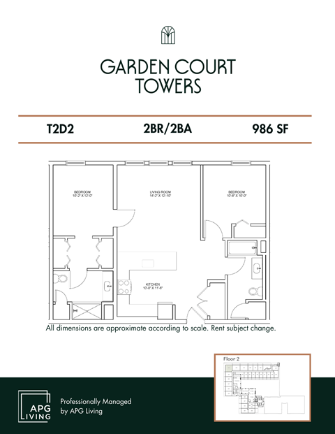 Floor plan for 2 beds, 2 baths, 986 sqft