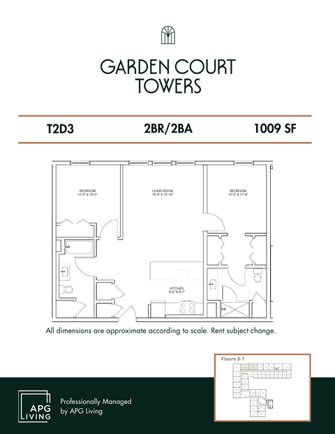 Floor plan for 2 beds, 2 baths, 1009 sqft