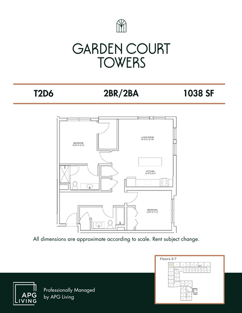 Floor plan for 2 beds, 2 baths, 1038 sqft
