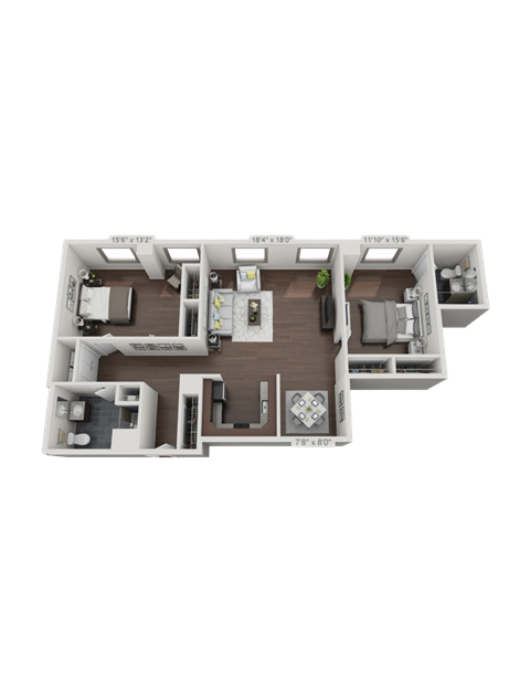 Floor plan for 2 beds, 2 baths, 1356 sqft