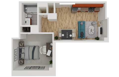 Floor plan for 1 bed, 1 bath, 524 sqft