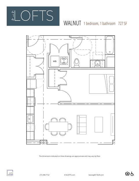 Floor plan for 1 bed, 1 bath, 727 sqft