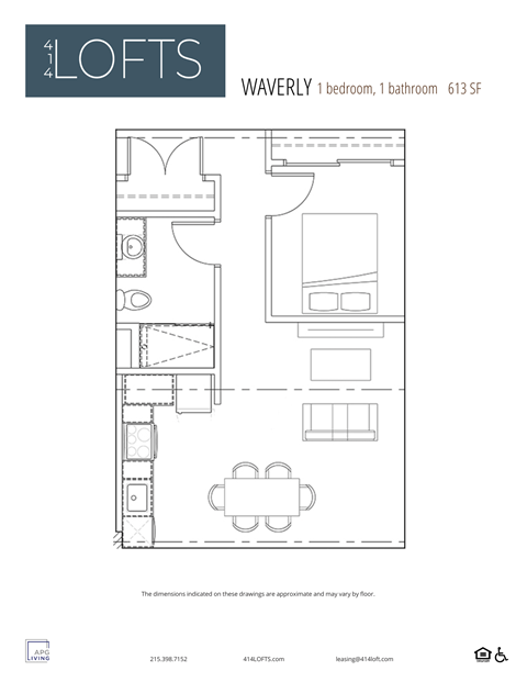 Floor plan for 1 bed, 1 bath, 613 sqft