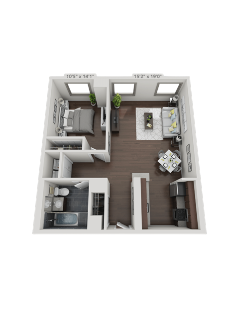 Floor plan for 1 bed, 1 bath, 757 sqft