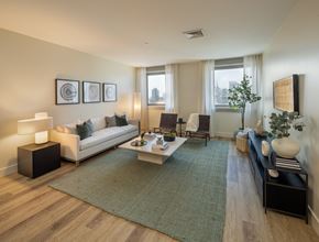 Philadelphia apartment for rent - A living room with a couch, coffee table, and a green rug.