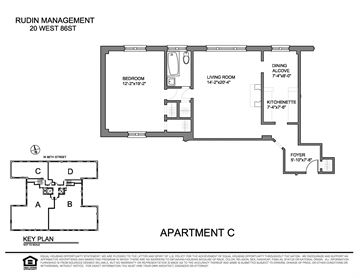 New York apartment for rent - A floor plan for Apartment C at Rudin Management shows a living room, bedroom, and kitchenette.