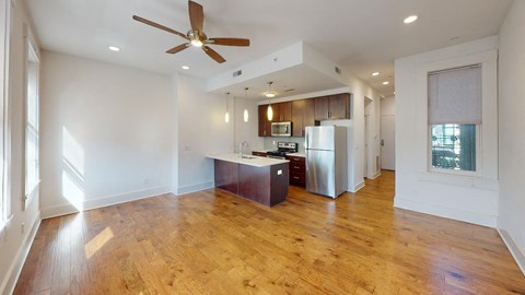 Floor plan for 1 bed, 1.5 baths, 909 sqft