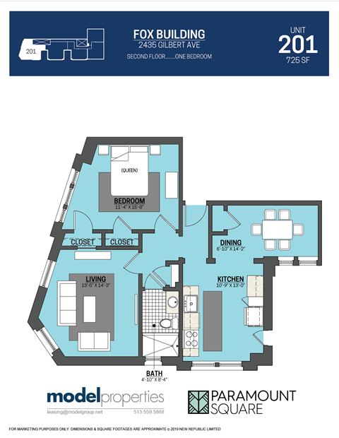 Floor plan for 1 bed, 1 bath, 725 sqft