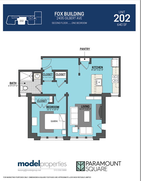 Floor plan for 1 bed, 1 bath, 640 sqft