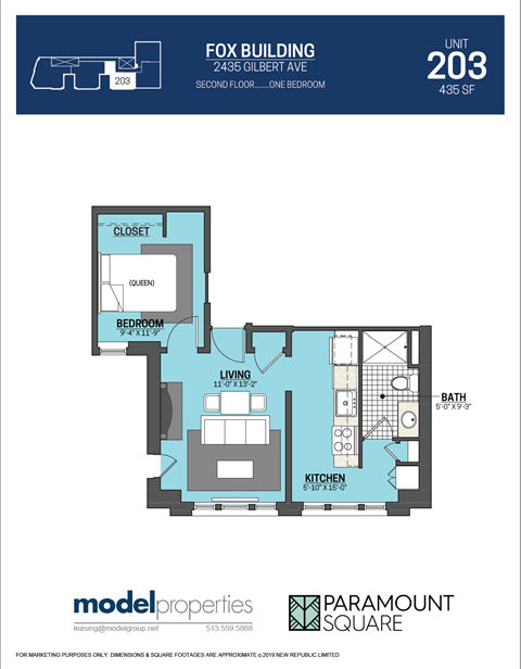 Floor plan for 1 bed, 1 bath, 435 sqft