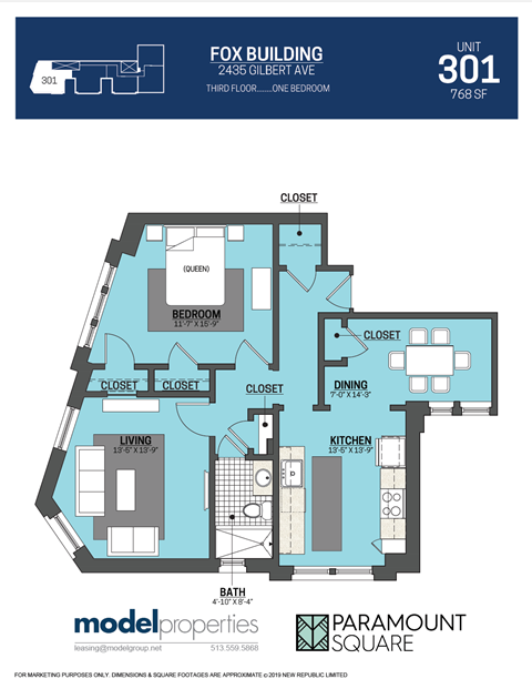 Floor plan for 1 bed, 1 bath, 768 sqft