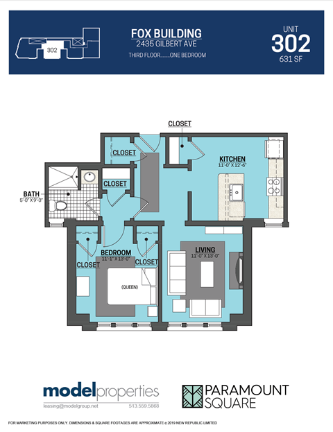 Floor plan for 1 bed, 1 bath, 631 sqft