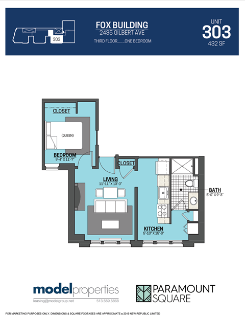 Floor plan for 1 bed, 1 bath, 432 sqft