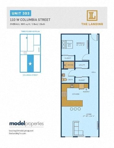 Floor plan for 1 bed, 1 bath, 880 sqft