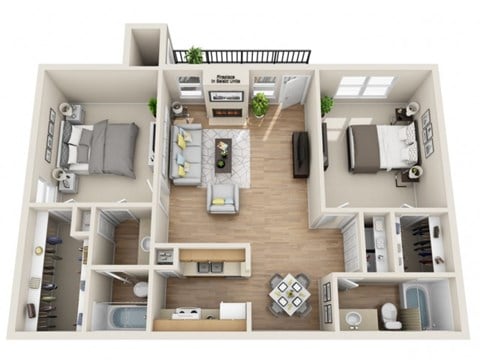 Floor plan for 2 beds, 2 baths, 1000 sqft