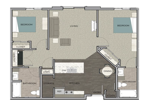 Floor plan for 2 beds, 2 baths, 942 sqft