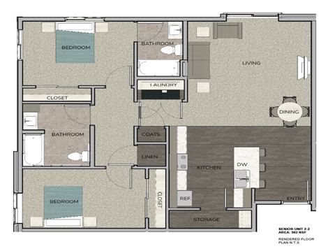 Floor plan for 2 beds, 2 baths, 982 sqft