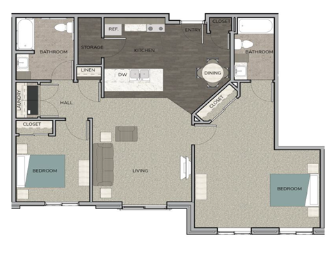 Floor plan for 2 beds, 2 baths, 1055 sqft