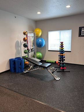 Pleasant Hill apartment for rent - A gym room with a bench, weights, and exercise balls.