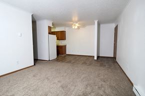 Des Moines apartment for rent - an empty living room with a kitchen in the background