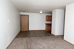 Des Moines apartment for rent - an empty living room with a kitchen in the background