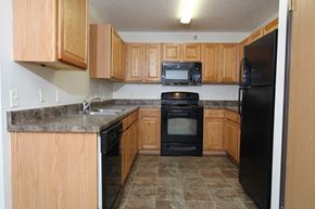Des Moines apartment for rent - a kitchen with wood cabinets and black appliances