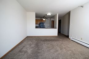 Des Moines apartment for rent - an empty living room with a kitchen in the background