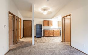 Des Moines apartment for rent - A room with a blue trash can and wooden cabinets.