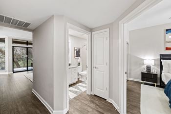 Hallway with bedroom and bathroom access