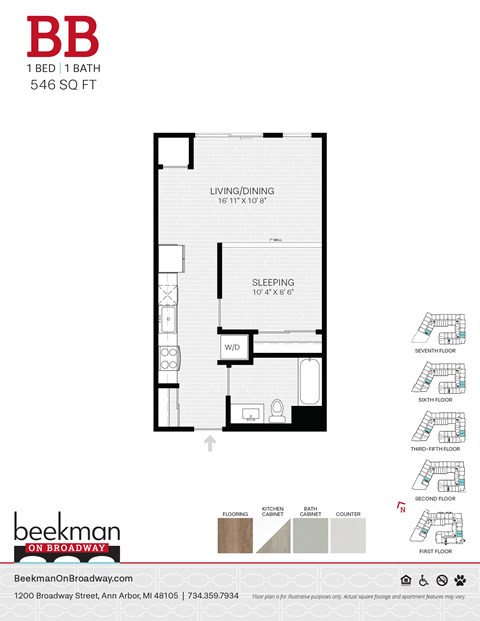 Floor plan for 1 bed, 1 bath, 546 sqft