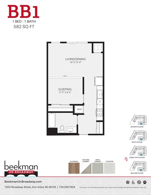 Floor plan for 1 bed, 1 bath, 582 sqft