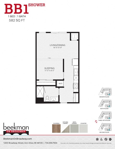 Floor plan for 1 bed, 1 bath, 582 sqft