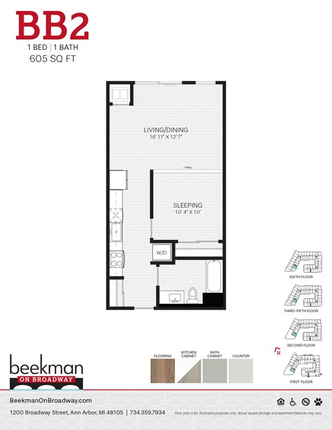 Floor plan for 1 bed, 1 bath, 605 sqft