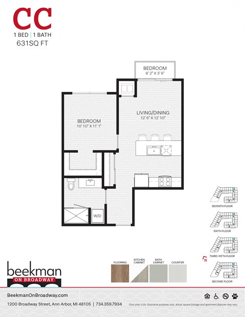 Floor plan for 1 bed, 1 bath, 631 sqft